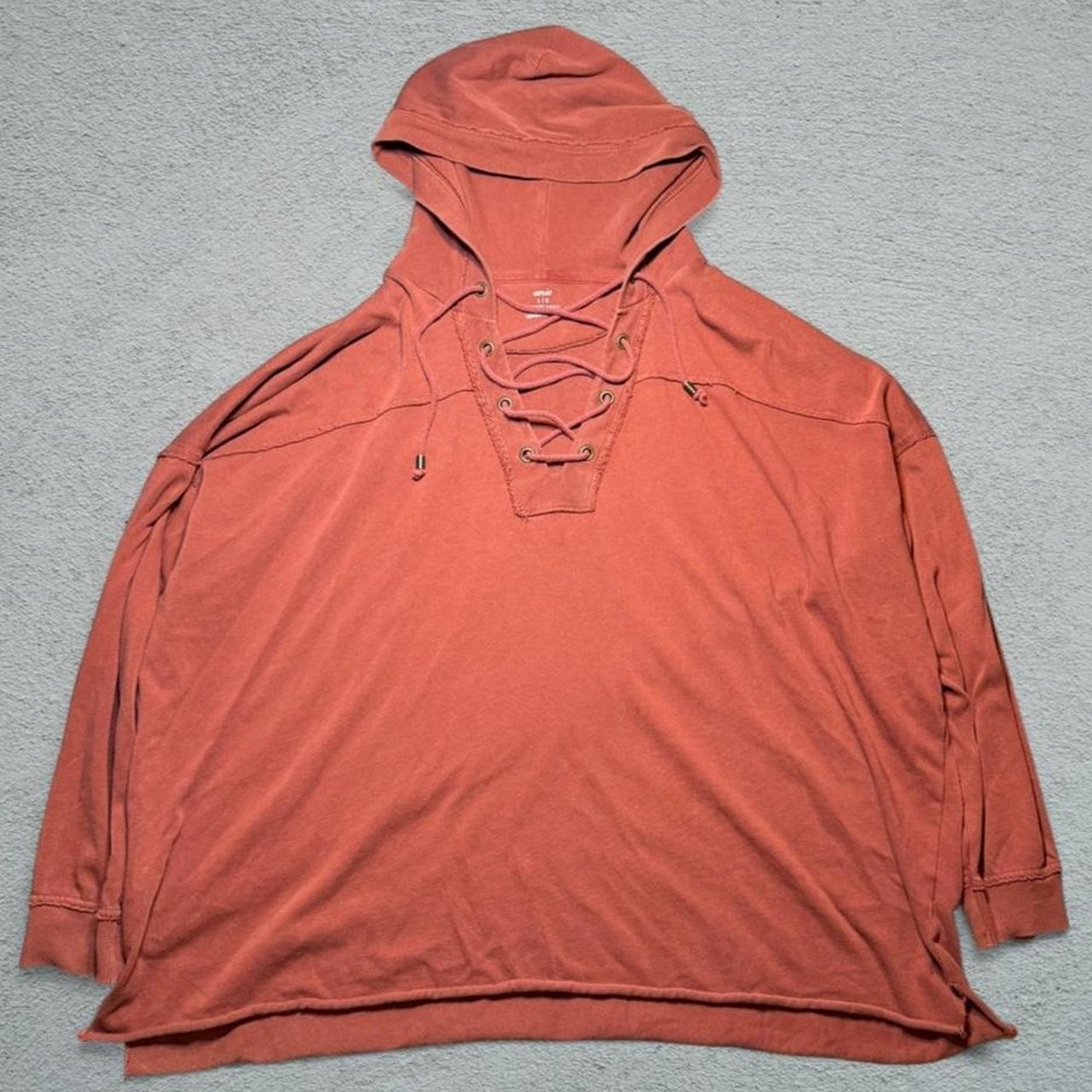 Aerie Womens Lace Up Hoodie Red Pink Oversized Pullover Sweatshirt Size L